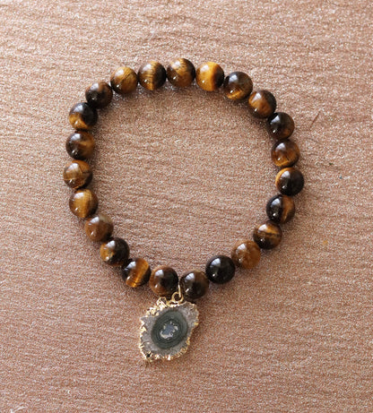 T. VICTORIA - Brown Natural Tiger Eye Protection Prosperity Stalactite Charm Healing Crystal Gemstone Beaded Stretch Statement Bracelet 7"