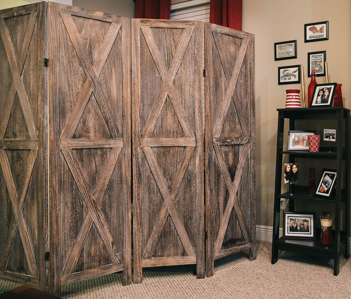 Premium Home 4-Panel Room Divider – Rustic Brown Barn Door, X Pattern Folding Privacy Screen, Partition Wall