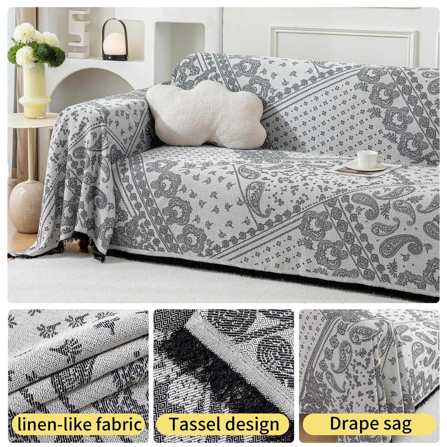 UWWGKK 71"x150" Boho Couch Cover Black, Reversible Faux Linen Jumbo Throw Blanket for U-Shaped Sectional & 4-5 Seater Sofa, Pet-Friendly Slipcover with Tassels for Living Room, Vintage Chevron