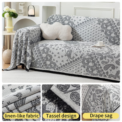 UWWGKK 71"x150" Boho Couch Cover Black, Reversible Faux Linen Jumbo Throw Blanket for U-Shaped Sectional & 4-5 Seater Sofa, Pet-Friendly Slipcover with Tassels for Living Room, Vintage Chevron