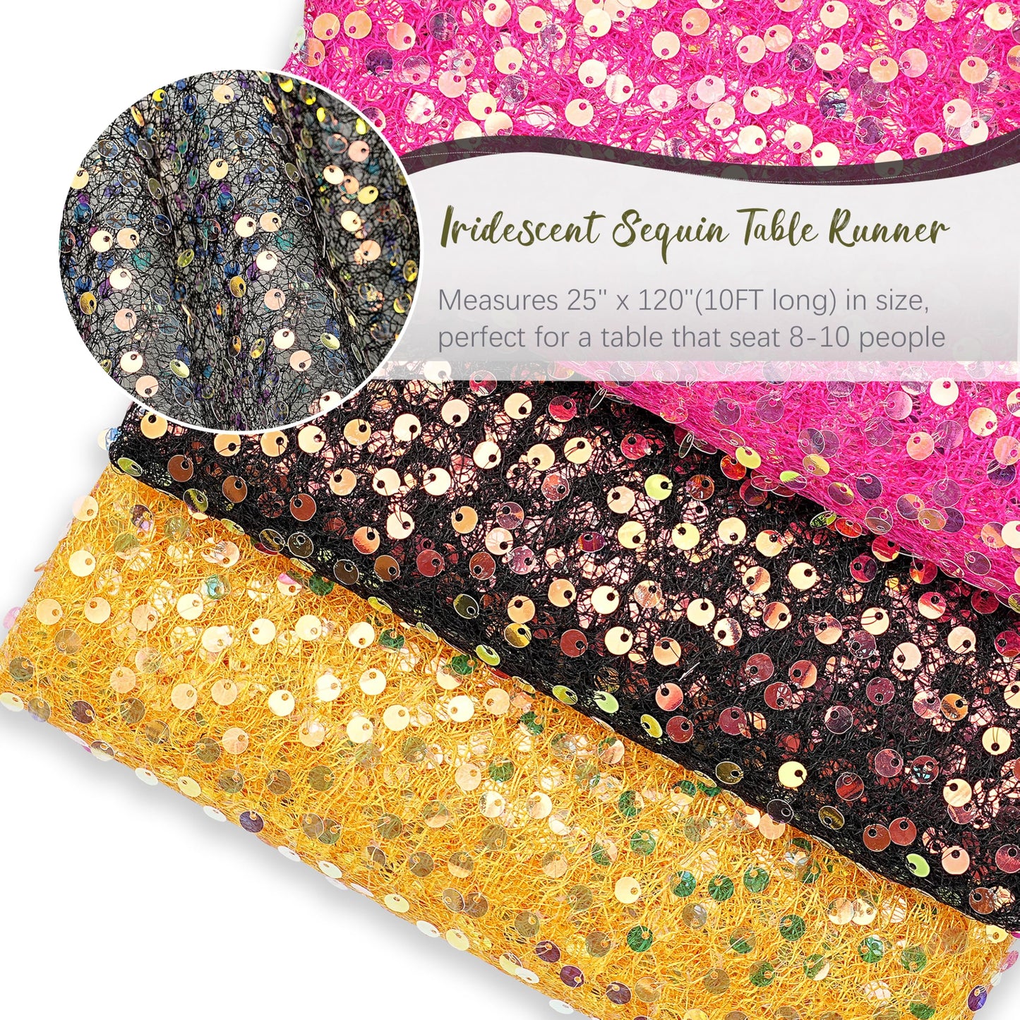 Black Sequin Table Runner 25"x120" Iridescent Table Runner Sparkly Fabric for Black Wedding Bachelorette Holiday Celebration Halloween Party Decorations