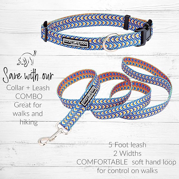 Lucky Love Dog, Bold Matching Dog Collar and Leash Set, Soft & Adjustable, Geometric Pattern Collar and Leash for Male Female Dogs - (Small, Murphy Combo)