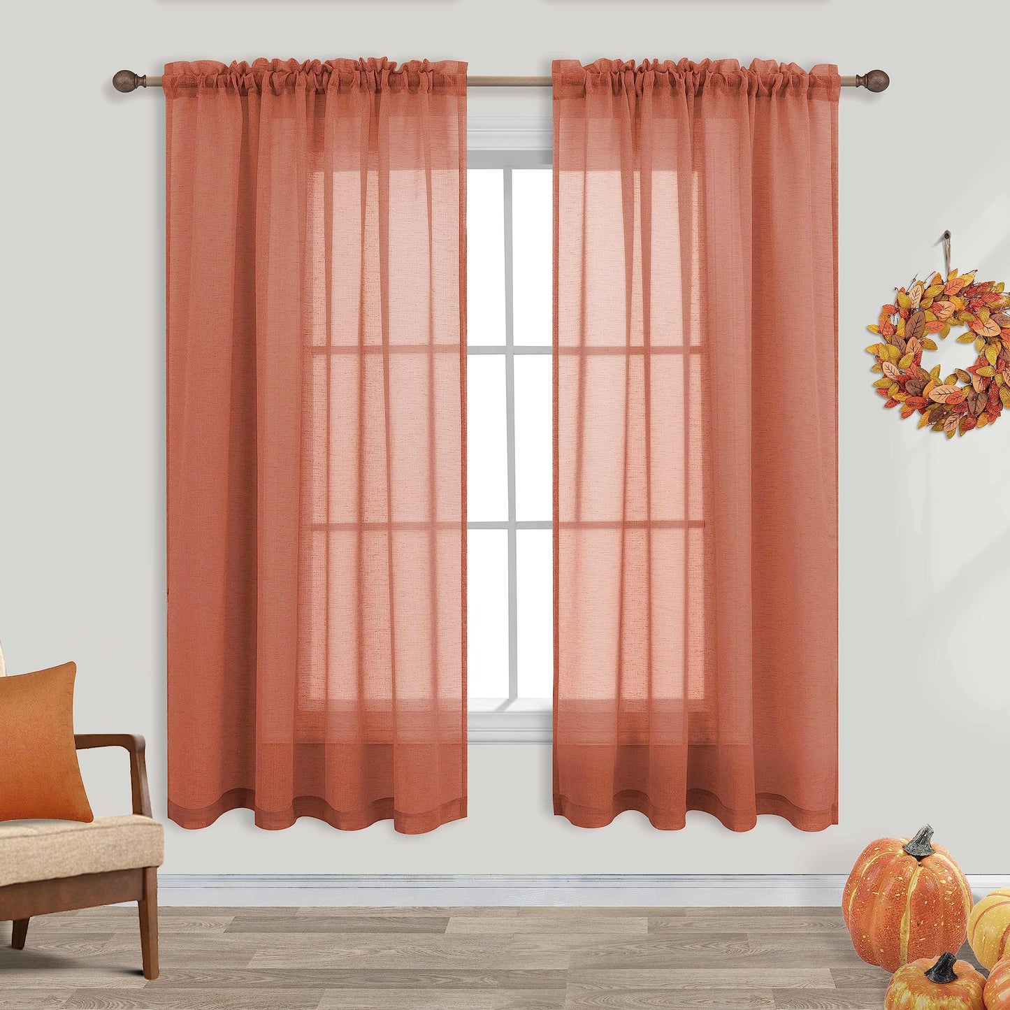 KOUFALL Rustic Curtains for Cabin Living Room 63 Inch Length 2 Panels Set,Farmhouse Sheer Boho Western Curtains for Bedroom 63 Inches Long,Terra Cotta Terracotta Rust Copper Orange