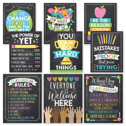Hadley Designs Motivational Posters for Classroom Decor -9 Growth Mindset Classroom Posters Elementary, Positive Poster Middle School, Inspirational Wall Art, Chalkboard Teacher Bulletin Board Decor