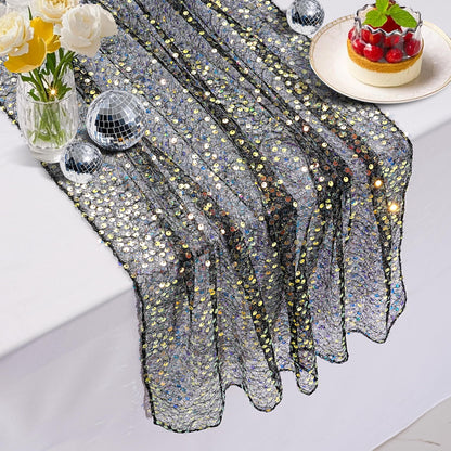 Black Sequin Table Runner 25"x120" Iridescent Table Runner Sparkly Fabric for Black Wedding Bachelorette Holiday Celebration Halloween Party Decorations