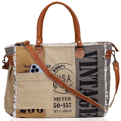 CLA Bags SEL de MER Large Upcycled Canvas & Cowhide Leather Crossbody Tote Handbag for Women (Cream & Grey Color)