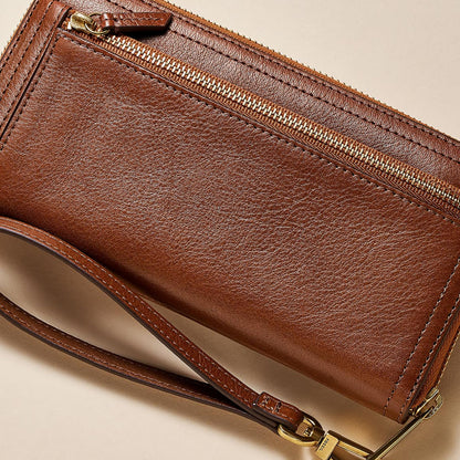 Fossil Women's Logan Leather Wallet, RFID Blocking Wallet for Women, Zip-Around Clutch with Wristlet Strap, Brown