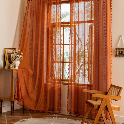 Sutuo Home Terracotta Boho Lace Curtains 2 Panels 84 Inches Long for Living Room&Bedroom, Burnt Orange Crochet Privacy Farmhouse Vintage Tassels Retro Halloween Window Sheer Curtains Rod Pocket,50" W
