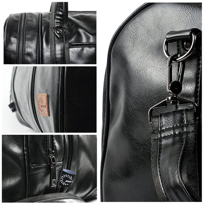 Leather Travel Bag with Shoe Pouch, Waterproof Weekender Overnight Bag, Carry On Duffel Bag for Men Women-Black