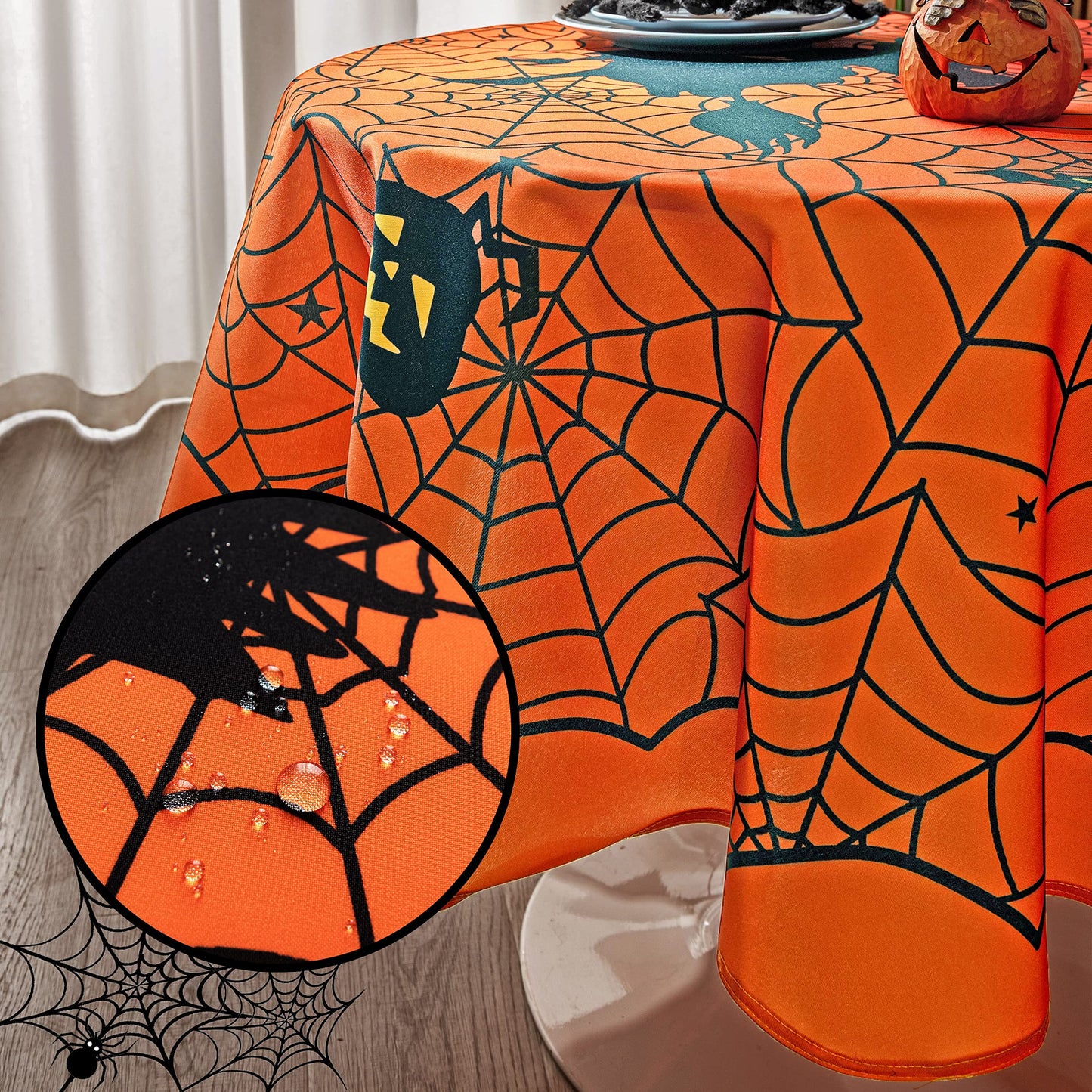 MikiUp Round Halloween Tablecloth - Spider Web Decorative Holiday Table Cloth, Waterproof and Washable Table Cover for Party Kitchen Dining Room Indoor, Cobweb/Orange 60 Inch