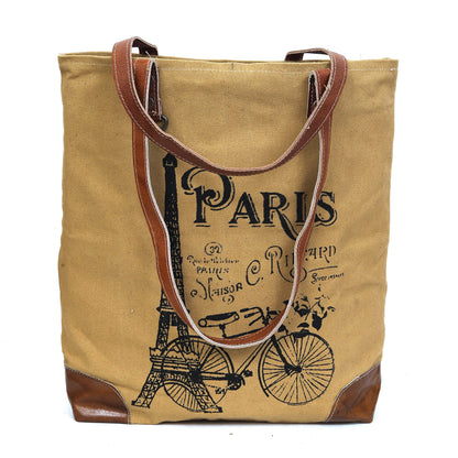 CLA Upcycled Canvas & Leather Handbag 16 Inch Height & Cowhide Tote Bag, Canvas Handbags for women (Khaki)
