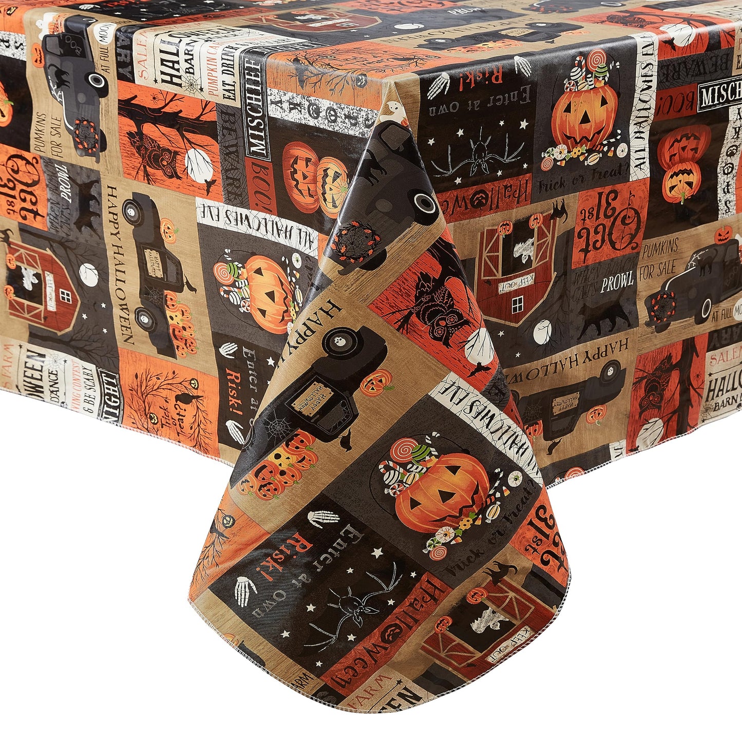Newbridge Halloween Rustic Spooky Farm 60 x 84 Inch Oval Vinyl Tablecloth with Flannel Backing, Vintage Halloween Truck and Pumpkin Design, Easy Care Wipe Clean Table Cover