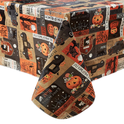 Newbridge Halloween Rustic Spooky Farm 60 x 84 Inch Oval Vinyl Tablecloth with Flannel Backing, Vintage Halloween Truck and Pumpkin Design, Easy Care Wipe Clean Table Cover