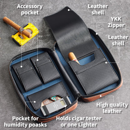 68 Degrees Travel Cigar Humidor, Handmade Leather Case with 3 Pockets, Portable Cigar Holder Fits 5 Cigars, Brown