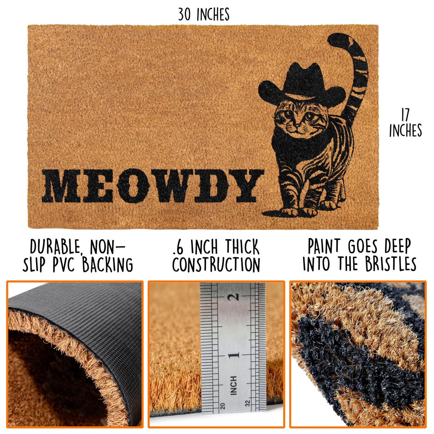MAINEVENT Meowdy Doormat 30x17 Inch, Cat Front Door Mat for Covered Outdoor Area, Black Cat Welcome Mats for Front Door Gift, Coir Outdoor Doormat