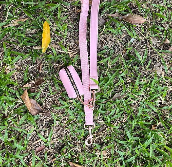 Dog Collar and Leash Set.Soft and Easy to Clean Vegan Leather with Rose Gold Metal Buckle for Small Medium Large Dogs (Pink-, Poop Bag Dispenser)