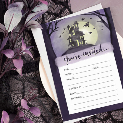 Palmer Street Press Halloween Party Invitations - Spooky House Set Of 12 Purple Toned Watercolor Invitations With Envelopes