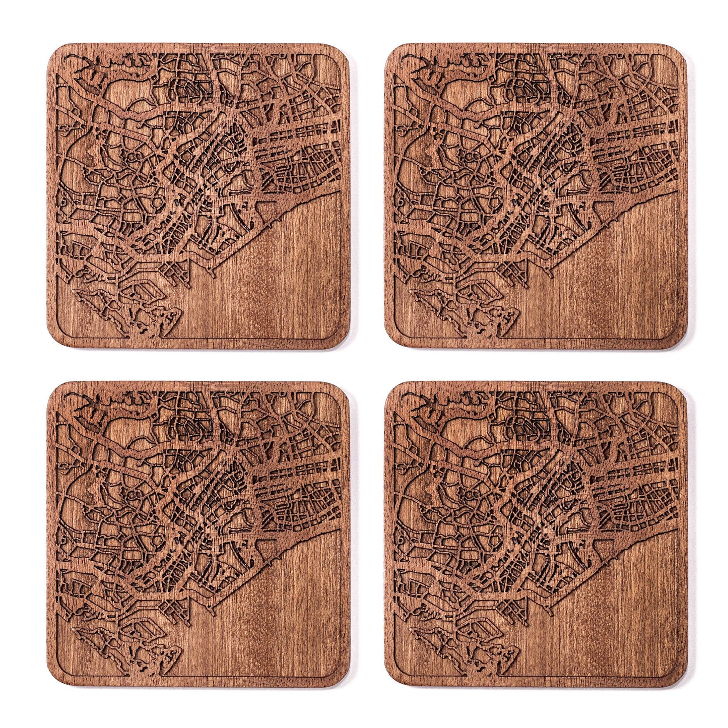 Singapore Map Coaster by O3 Design Studio, Set Of 4, Sapele Wooden Coaster With City Map, Handmade