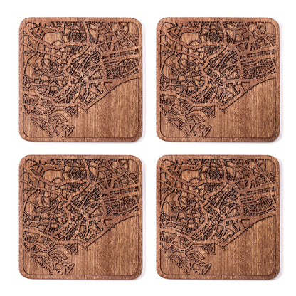 Singapore Map Coaster by O3 Design Studio, Set Of 4, Sapele Wooden Coaster With City Map, Handmade