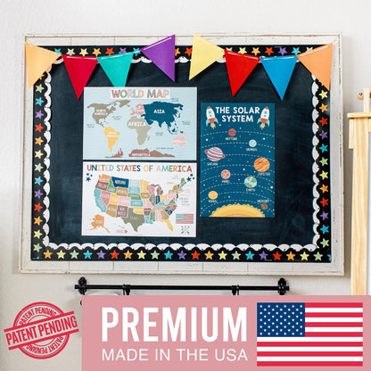Hadley Designs 4 Alphabet, Map of United States, World Map, & Solar System Posters - Laminated ABC Charts for Toddlers Wall Decor, Boho Posters for Kindergarten, Prek Classroom or Homeschool 11x17