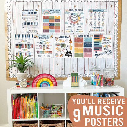 Hadley Designs 9 Music Classroom Posters – Boho Music Classroom Decor, Choir & Solfege Prints, Bulletin Board Decorations, Educational Supplies for Teachers
