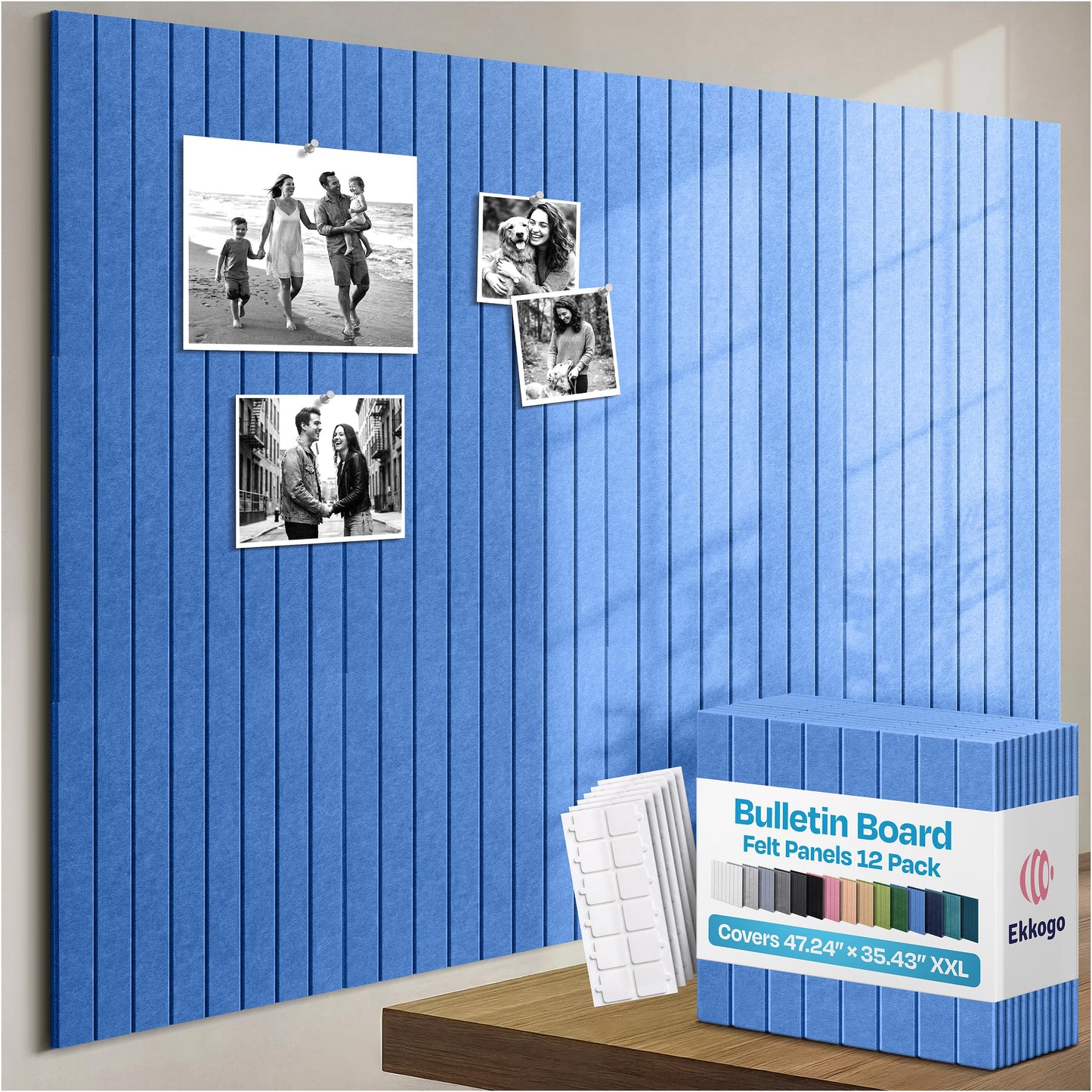 Ekkogo X-Large Cork Board Alternative 12-Pack Felt Bulletin Board Thick and Decorative Pin Board for Home Office Walls 47.24 x 35.43 Inches with 72 Adhesive Tabs - [Grand Blue]