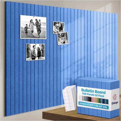 Ekkogo X-Large Cork Board Alternative 12-Pack Felt Bulletin Board Thick and Decorative Pin Board for Home Office Walls 47.24 x 35.43 Inches with 72 Adhesive Tabs - [Grand Blue]