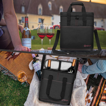 opux 3 Bottle Wine Carrier Tote, Insulated Leakproof Wine Cooler Bag, Wine Travel Bag Tote for Picnic BYOB Beach, Portable Wine Bottle Carrying Case, Gift for Wine Lover Women Men Christmas, Black
