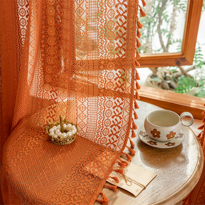 Sutuo Home Terracotta Boho Lace Curtains 2 Panels 84 Inches Long for Living Room&Bedroom, Burnt Orange Crochet Privacy Farmhouse Vintage Tassels Retro Halloween Window Sheer Curtains Rod Pocket,50" W