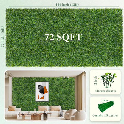 ODTORY Artificial Boxwood Roll Panels: 6 ft x 12 ft (72 sq ft) UV-Resistant Green Grass Wall Decor, Faux Ivy Privacy Fence Screen for Indoor and Outdoor, Garden, Home Decor