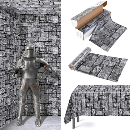 Aneco 120 Ft x 54 Inch Halloween Stone Wall Tablecloth Roll with Cutter Box Disposable Brick Stone Plastic Table Cover Medieval Brick Wall Backdrops for Castle Knight Theme Parties and Birthdays