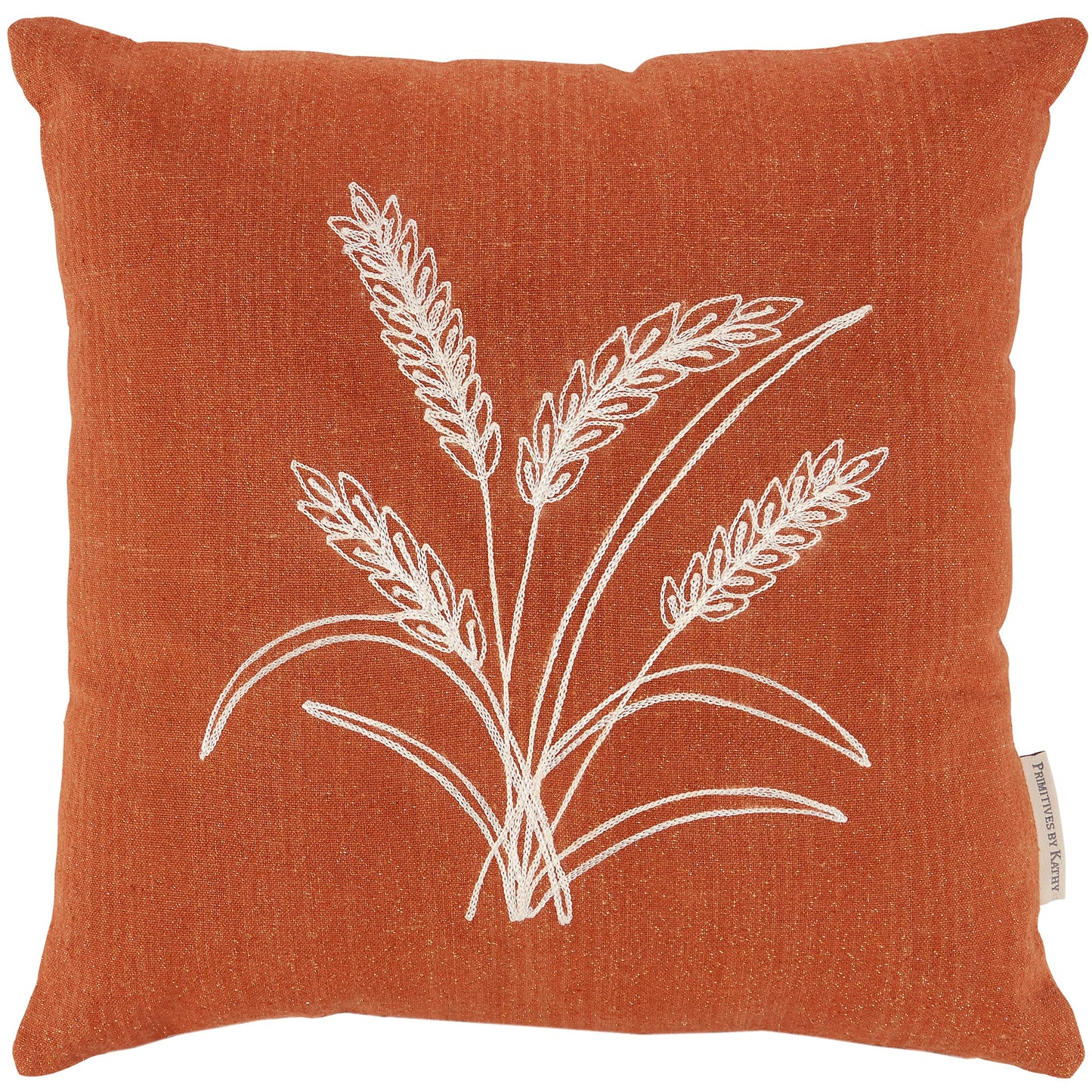 Primitives by Kathy Decorative Throw Pillow, Removable Zipper Cover, 16x16 Orange Pillow wth Harvest Wheat Stalk Design, Textured Chain Stitching, Seasonal Fall Accent for Home Office Dorm Gifting
