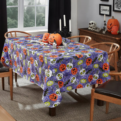 Newbridge Halloween Whimsical Ghoulish Gang 52 x 52 Inch Square Vinyl Tablecloth with Flannel Backing, Fun Skulls and Pumpkin Design, Easy Care Wipe Clean Halloween Table Cover