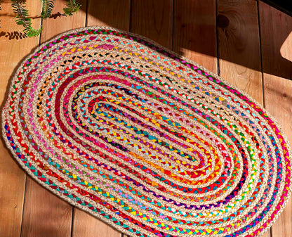 Savi Home Farmhouse Jute Cotton Chindi Rug 4x6 Oval Multicolor, Handwoven Braided Area Rug for Living Room, Kitchen, Entryway & Bathroom