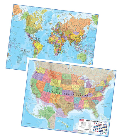 Laminated World Map & US Map Poster Pack - 17" x 22" - Maps of the World & United States - Detailed Cartography - Maps International