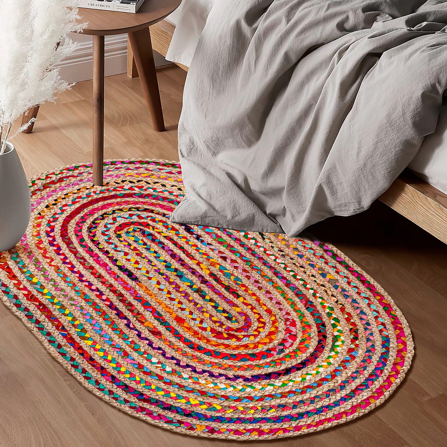 Savi Home Farmhouse Jute Cotton Chindi Rug 4x6 Oval Multicolor, Handwoven Braided Area Rug for Living Room, Kitchen, Entryway & Bathroom