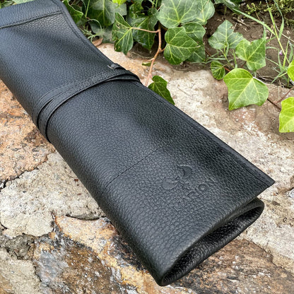 MARION - LA PETITE - Genuine Calf Top Grain Black Leather - Handcrafted Professional Chef's Knife Storage Roll Bag - 5 Pockets