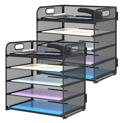 Supeasy 2 Pack 5-Tier Desk Organizer with Handle Mesh Desk File/Paper Organizer Letter Tray for Office, School, Classroom and Home Easy Installation, Black