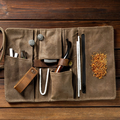 Whitluck's Waxed Canvas Tobacco Smoking Pipe Pouch with Leather Pipe Stand, Travel Pipe Case Bag for 2 Pipes and Other Accessories
