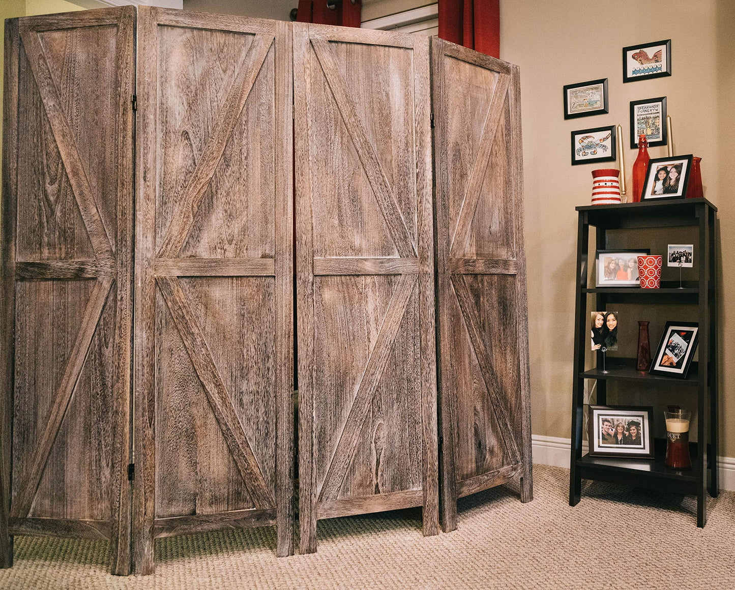 Premium Home 4-Panel Room Divider – Rustic Brown Barn Door, K Pattern Folding Privacy Screen, Partition Wall