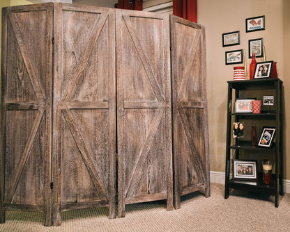 Premium Home 4-Panel Room Divider – Rustic Brown Barn Door, K Pattern Folding Privacy Screen, Partition Wall