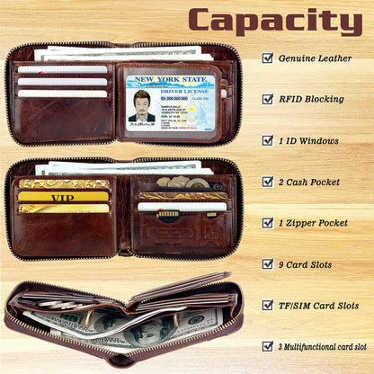 Admetus Men's Genuine Leather Short Zip-around Bifold Wallet (brown)