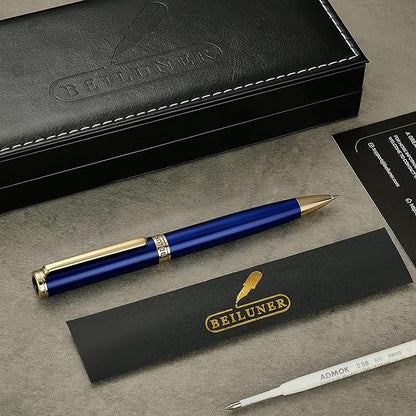 BEILUNER Luxury Personalized Gel Pen with 24K Gold Finish, Blue Piano Lacquer, Luxury Grade Craftsmanship, Best Pen Gift Set for Men and Women, Professional, Executive, Office, Retractable Nice Pens