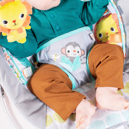 Bright Starts Comfy Baby Bouncer Soothing Vibrations Infant Seat - Taggies, Music, Removable -Toy Bar, 0-6 Months Up to 20 lbs (Whimsical Wild)