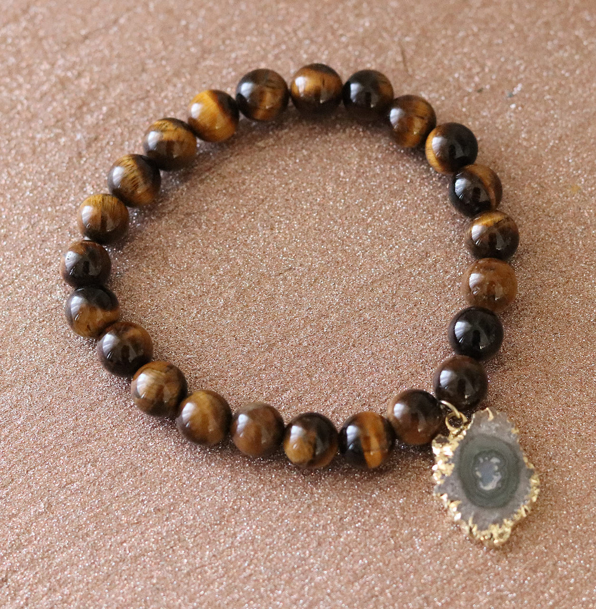 T. VICTORIA - Brown Natural Tiger Eye Protection Prosperity Stalactite Charm Healing Crystal Gemstone Beaded Stretch Statement Bracelet 7"