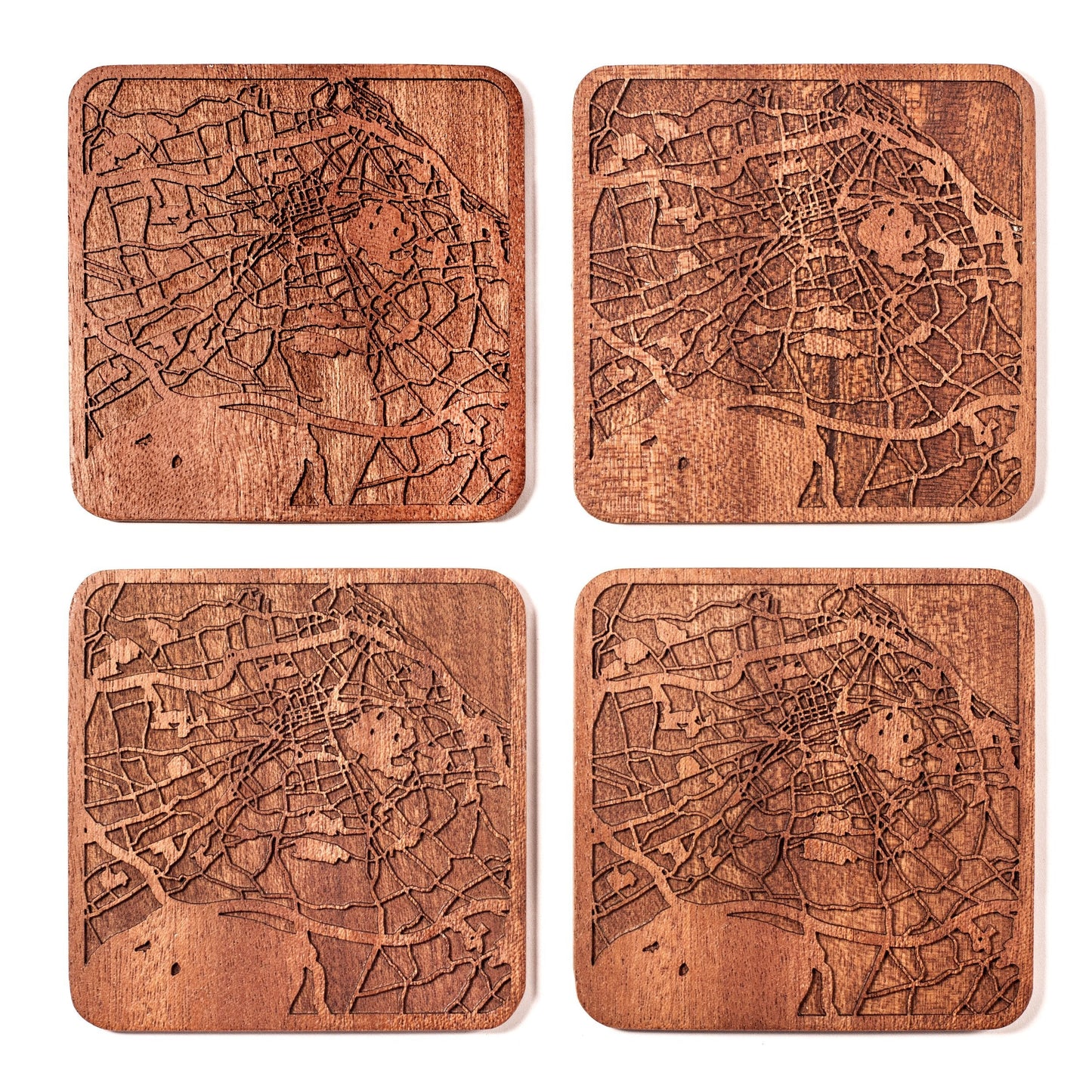 Edinburgh Map Coaster by O3 Design Studio, Set Of 4, Sapele Wooden Coaster With City Map, Handmade