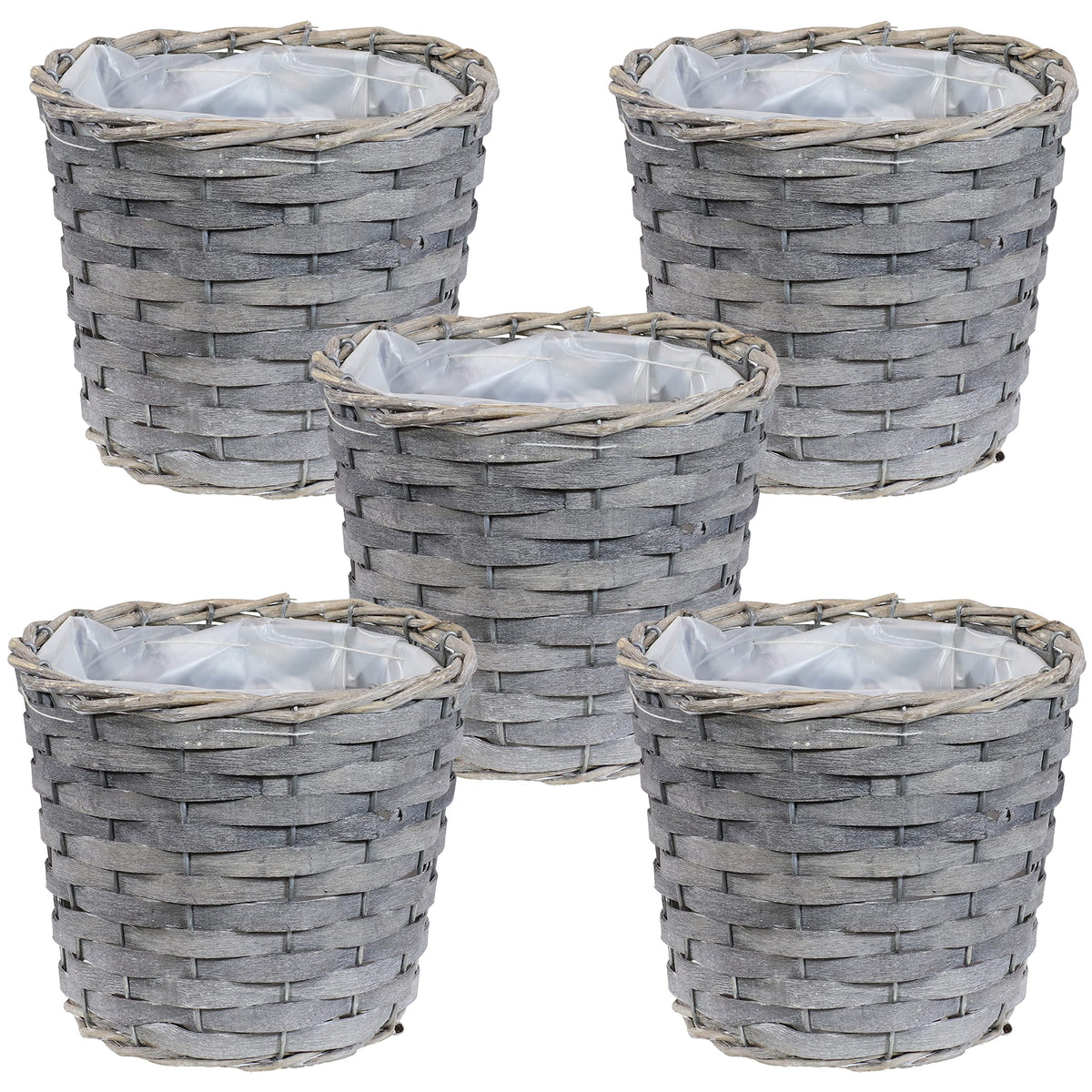Sunnydaze 5-Piece Wicker Planter Basket Set - Indoor Use Only - Plastic Lined Flower Pots - Gray Poplar Construction with Steel Wire Frame - 6.75-Inch Diameter