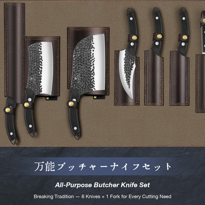 SANMEIHO 8 PCS Butcher Knife Set, Japanese Kitchen Knife Set, Hand Forged Chef Knife Set with Leather Roll Bag, Sharp Meat Cleaver Knife for Kitchen & Hunting & Camping & BBQ, Best Gift for Men