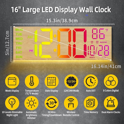 HAITANG 16.2" Large Digital Clock， 8 Colors Decorative Wood Wall Clock with Temperature, Date, Auto DST, Night Light, Auto Brightness Dimmer, 24/12-hour Wall Clock for Living Room Classroom Gym