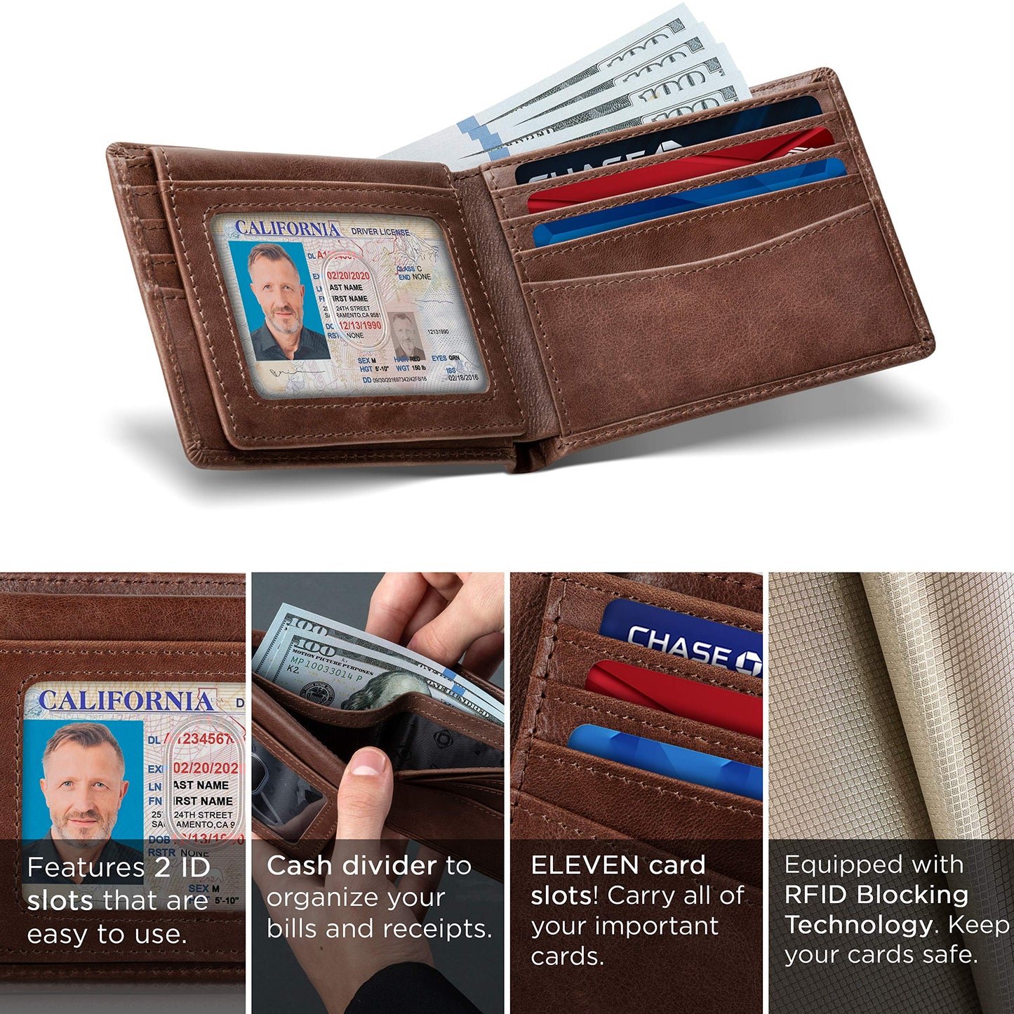 SERMAN BRANDS 2 ID Window Wallet for Men RFID Blocking Leather, Bifold Top Flip, Extra Capacity Travel Wallet (Morning Roast Executive)